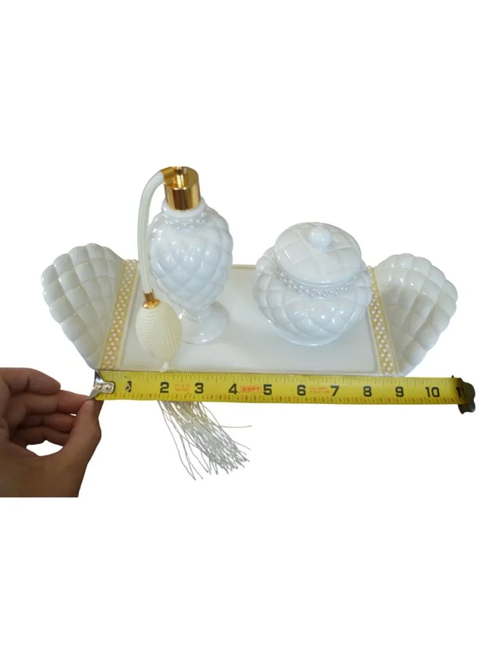 Vintage 1999 Avon Porcelain Vanity 3 Piece Gift Set Quilted Hollywood Regency
